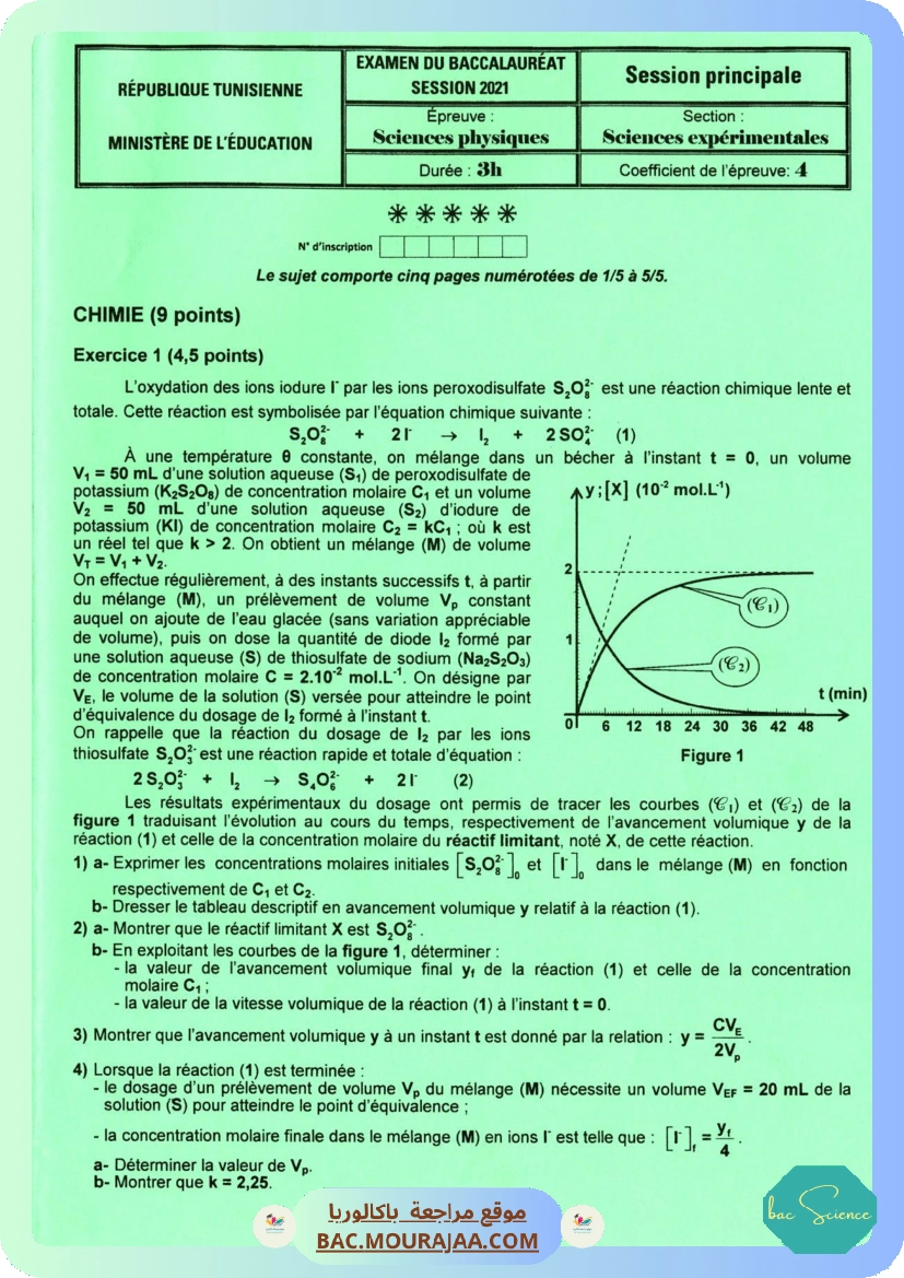 Sujet principale physique Bac 2021 – Section science